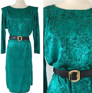 Vintage 70s Emerald Green Geek Secretary Midi Dress Women Size 12 Satin Floral